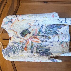Women's XL White Long Sleeve Top Stretch Floral Tropical Flower Crinkle Cactus